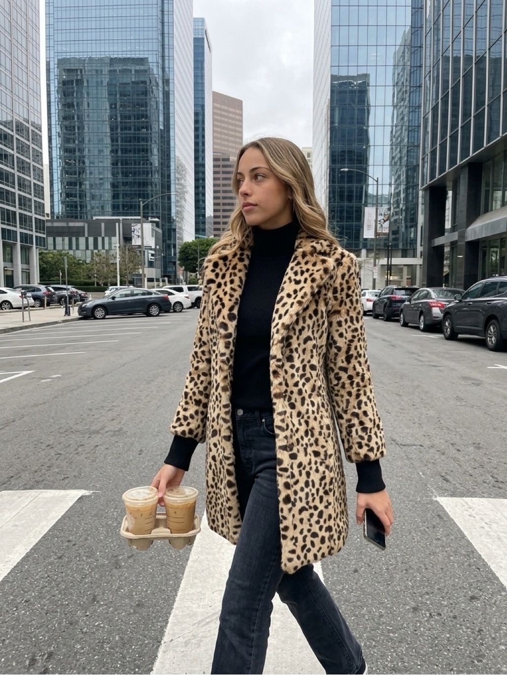 CAbi Leopard Teddy Faux-Fur Coat in Beige and Black